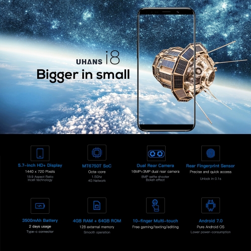 

UHANS i8 Face Recognition 5.7-inches 18:9 Full Screen Smartphone 4GB RAM 64GB ROM