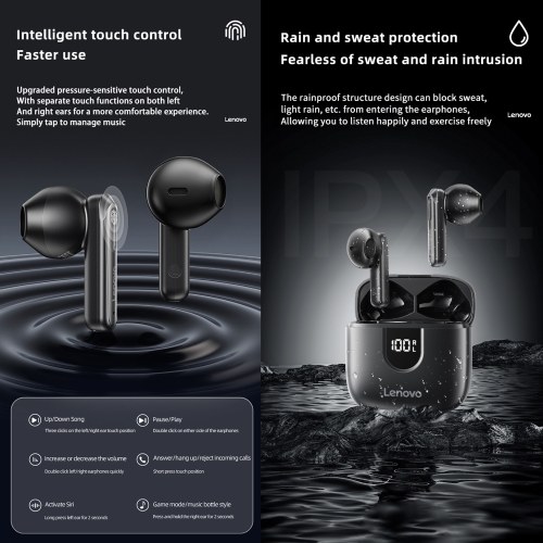 Lenovo EA120 Semi-In-Ear Wireless Earbuds Smart Noise Canceling BT Headphones with LED Display Dual Modes Decoding Sport Gaming Earphones 