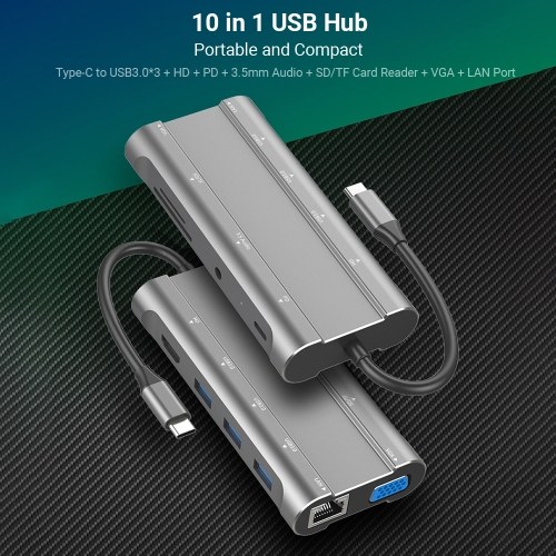 

T1001 10 in 1 USB Hub Type-C to USB3.0*3 + Multimedia Interface + PD + 3.5mm Audio + Card Slot*2 + VGA + LAN Port Multifunction Splitter Converter for PC Laptop Computer Mobile Phone