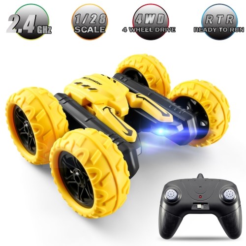 2.4GHz 1/28 4WD Remote Control Stunt Car Double Sided 360° Rotating Vehicles with Music and Light for Kids