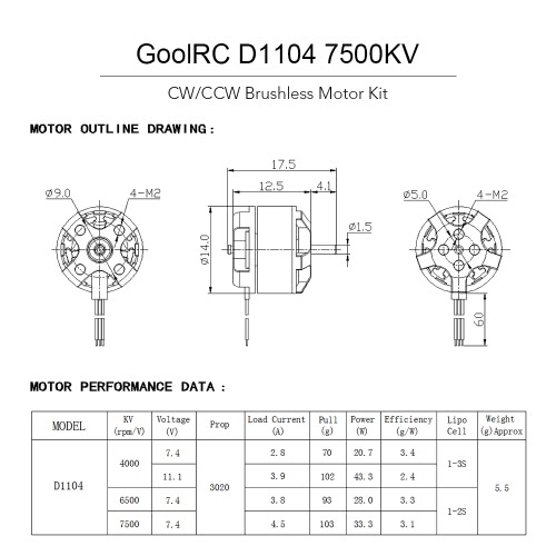 

Original GoolRC D1104 7500KV Brushless Motor Kit for 80 90 100 Tiny Micro FPV Racing Quadcopter