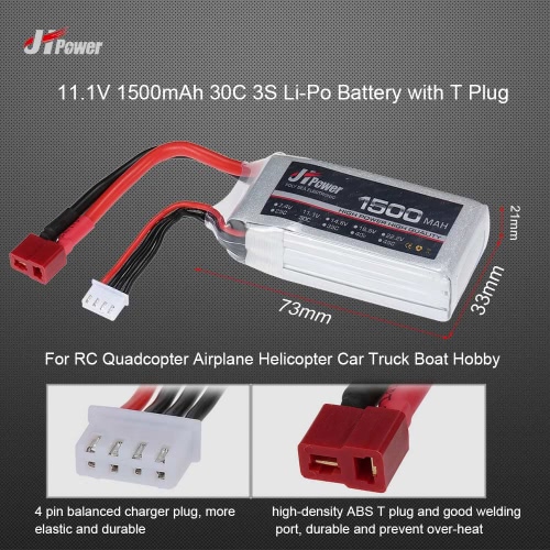 JHpower 11.1V 1500mAh 30C 3S Li-Po Battery with T Plug for RC Drone Airplane Car Truck