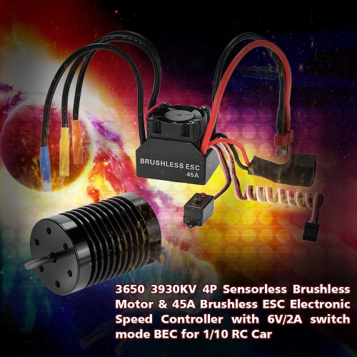 

3650 3930KV 4P Sensorless Brushless Motor & 45A Brushless ESC Electronic Speed Controller with 6V/2A Switch Mode BEC for 1/10 RC C