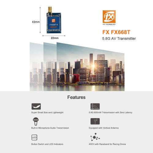 

Исходный FX FX668T 600 мВт 5.8G 40-канальный беспроводной передатчик AV для передачи в реальном времени RC Drone FPV