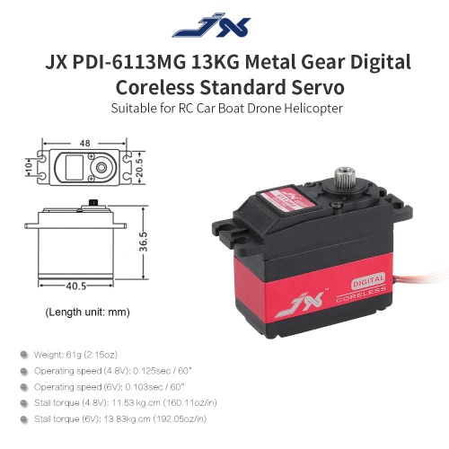 

JX PDI-6113MG 13KG Metal Gear Digital Coreless Standard Servo for RC Car Boat Drone Helicopter