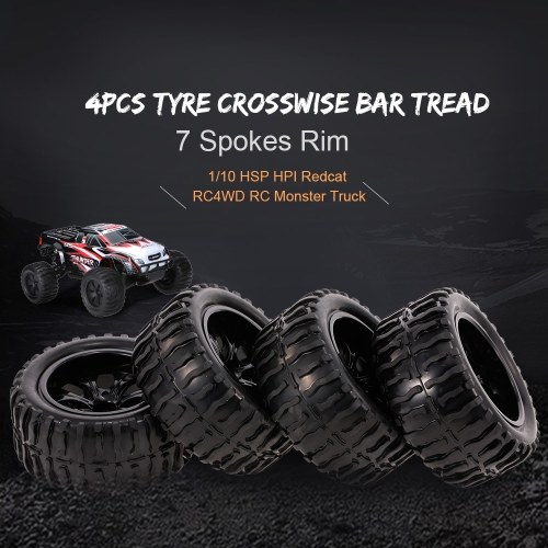 

4PCS 1/10 Tyre Crosswise Bar Tread Pattern 7 Spokes Rim for 1/10 HSP HPI Redcat RC4WD RC Monster Truck