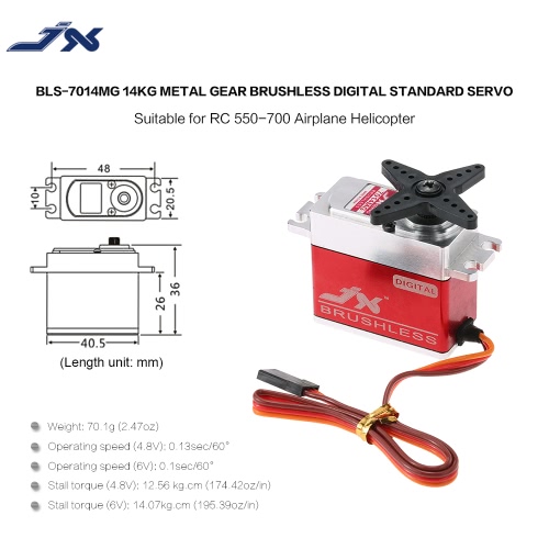 

JX BLS-7014MG 14KG Metal Gear Brushless Digital Standard Servo for RC 550-700 Airplane Helicopter