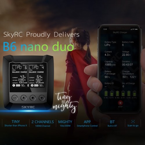 SKYRC B6 Caricabatterie bilanciamento Nano Duo 200W 15A AC / DC BT APP Controllo intelligente Caricabatterie per batteria LiPo LiIon LiHe LiHV NiMH NiCd Pb