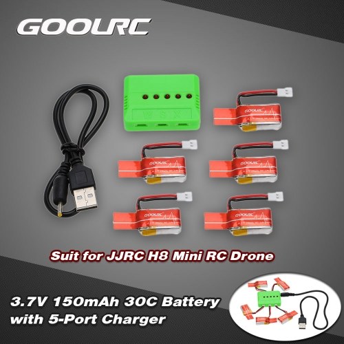 JJR / C H8ミニRCドローン用秒針GoolRC 5本3.7V 150mAh 30C Li-poバッテリーおよび5ポート充電器