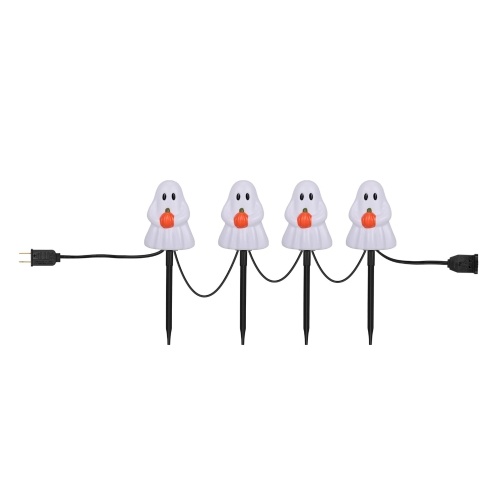 

All Saints' Day 7FT Ghosts Pathway String Light with 4 White Ghosts Stakes Outdoors Waterproof Garden Party Light Holiday Decorations