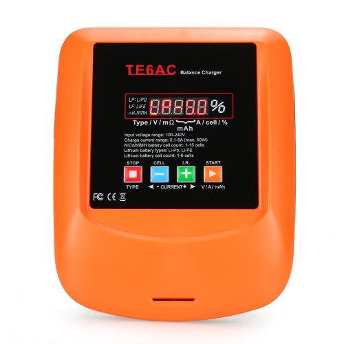 

TE6AC Max 50W 5A AC / DC Профессиональный зарядное устройство Весы для 1S-6S LiPo / LiFe 1S-15S NiMH батарей