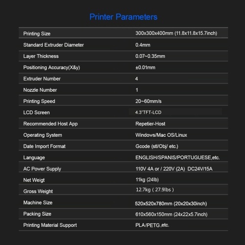 ZONESTAR Z8PM4 PRO FDM 3D Printer 300x300x400mm Build Area 