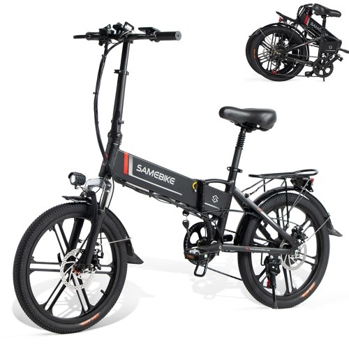 Samebike 20LVXD30-II Ebike 20 Inch 350W Brushless Gear Motor Folding Electric Bike Max 80km Range with Rechargeable Phone Holder Rear Rack 