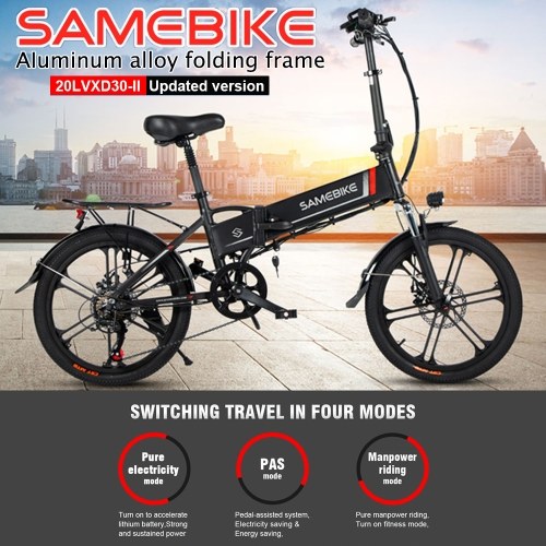 Samebike 20LVXD30-II Ebike 20 Inch 350W Brushless Gear Motor Folding Electric Bike Max 80km Range with Rechargeable Phone Holder Rear Rack 