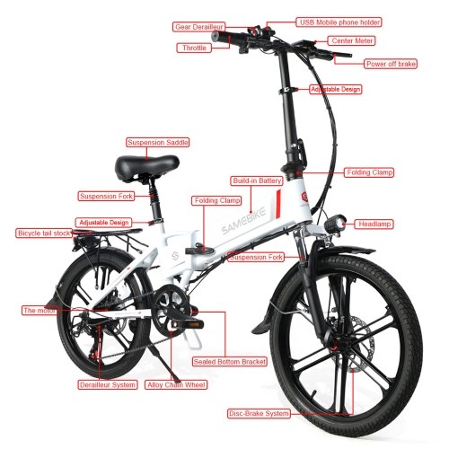 Samebike 20LVXD30-II Ebike 20 Inch 350W Brushless Gear Motor Folding Electric Bike Max 80km Range with Rechargeable Phone Holder Rear Rack 
