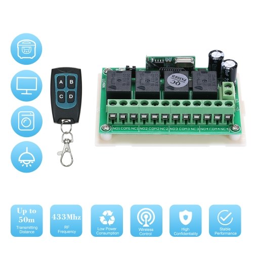 DC 12V 4CH Channel 433 Mhz Wireless RF Switch Telecomando a lungo raggio Wireless Switch DC12V RF Relay Receiver Module Trasmettitore Toggle Switch 1527 Chip Smart Home Automation (1 trasmettitore e 1 ricevitore)