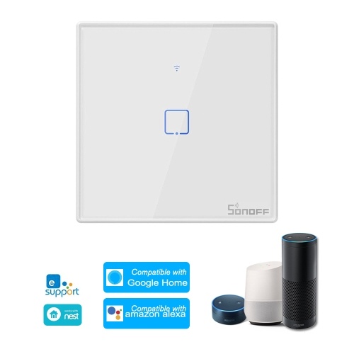 SONOFF T2UK1C-TX 1 Gang Smart WiFi Wall Light Switch 433Mhz RF Remote Control APP/Touch Control Timer UK Standard Panel Smart Switch Compatible with Google Home/Nest & Alexa