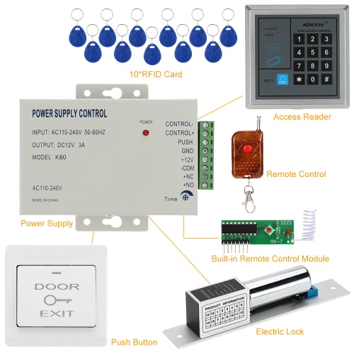 

KKmoon® DC12V 125KHz Door Entry Access Control System with Access Reader + Electric Lock + Power Supply + Push Button + 1*Remote C