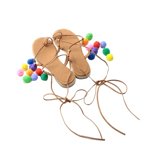 

New Fashion Women Flat Sandals Colorful Bobble Pompon Lace Up Strappy Clip Toe Casual Summer Beach Shoes Black/Brown