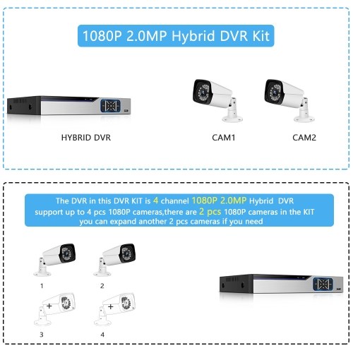 

1080n Pro HD + 8CH Video Security Digital Recorder + 4pcs Analog Security Cameras （HDD Not Included） UK Plug