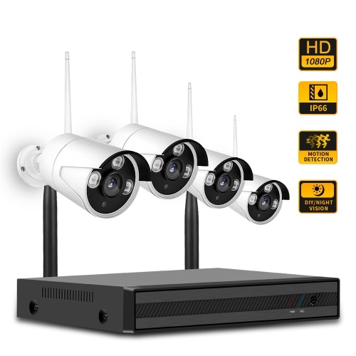 4CH NVR + 4 pcs1080P Cameras Kit Night Vision IP Camera Security and Surveillance System Support Remote Control  US Plug