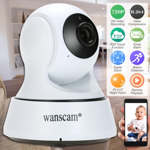 De Wanscam HD 720p megapíxeles inalámbrica WiFi Pan Tilt Red IP Cloud ayuda de la cámara PTZ cubierta de registro de tarjeta TF de 2 vías Talk P2P Android / iOS IR-CUT filtro de infrarrojos de visión nocturna de detección de movimiento Alarma de Correo Electrónico de vista del Explorador de circuito cerrado de televisión sistema de vigilancia de seguridad