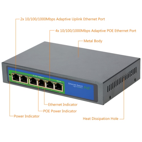 

4 Port 1000Mbps IEEE802.3at POE Switch/Injector Power over Ethernet for IP Camera VoIP Phone AP devices 1006POE-AT