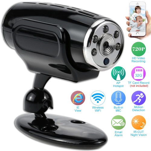 

Mini HD 720P Megapixel CCTV Security Surveillance Indoor Network IP Camera support P2P Wireless Wifi AP Hotspot Connection Phone Control IR Night View TF Card Audio Record Motion Detection Email Alarm IE Browser View and Backup Battery