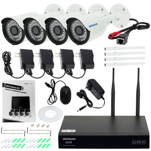

szsinocam 4CH Channel WiFi NVR Network Video Recorder + 4pcs HD 960P Wireless WiFi Weatherproof Outdoor Bullet IP Camera support Plug and Play HD P2P Cloud IR Night Vision Android/iOS Phone/Pad APP Motion Detection Email Alarm for CCTV Security Surveillan