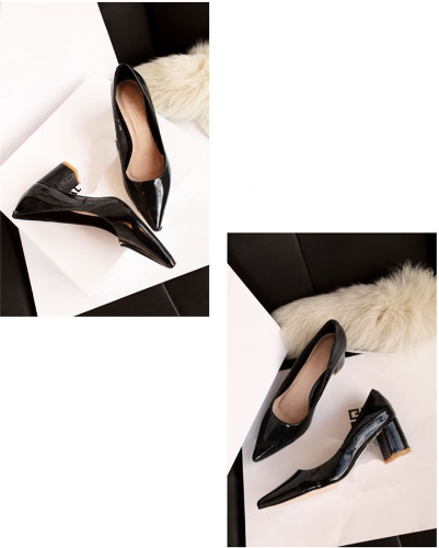 

Sexy Fashion Women Heels Low Cut Vamp Pointed Toe PU Leather Shoes Black