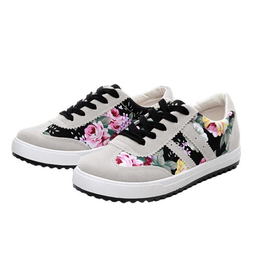 Nueva moda mujer lona zapatillas Flats Floral encaje impresión baja Plimsoll superior zapatos azul/rosa/negro