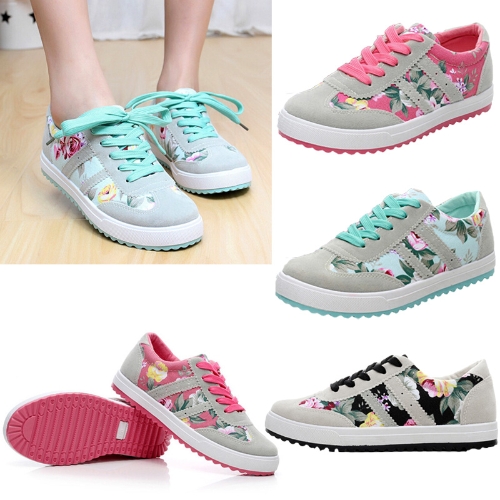 

New Fashion Women Canvas Sneakers Flats Floral Print Lace Up Low Top Plimsoll Shoes Blue/Pink/Black