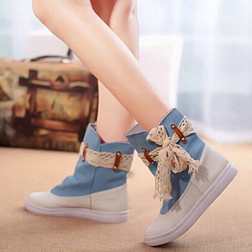 New Fashion Women Flat Boots Lace Knot Denim Patchwork Slip On Round Toe Casual Bootie Shoes Blue/ Dark Blue