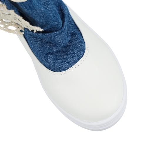 

New Fashion Women Flat Boots Lace Knot Denim Patchwork Slip On Round Toe Casual Bootie Shoes Blue/ Dark Blue