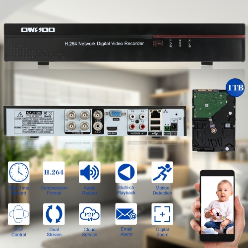 

OWSOO 4CH Channel Full 960H / поддержка D1 H.264 HD P2P Cloud Network DVR Digital Video Recorder + 1TB HDD Запись звука Телефон управления Обнаружение движения Электронная почта Сигнализация PTZ для CCTV безопасности системы камеры видеонаблюдения