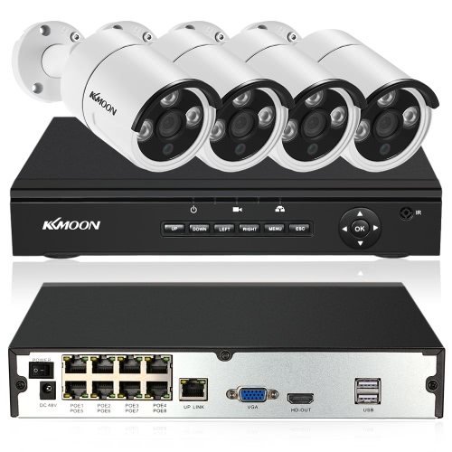 

KKmoon 8CH Channel Full HD 1080P POE Сетевой видеорегистратор + 4 шт. 2,0 МП Мегапиксели POE Погодостойкая наружная пуля IP-камера Поддержка P2P IR-CUT-фильтра Инфракрасное ночное видение Android / iOS APP Обнаружение движения для системы наблюдения за си