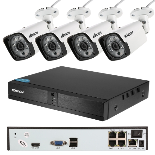 

KKmoon 4CH Channel Full HD 1080P POE Сетевой видеорегистратор + 4 шт. 2,0 МП Мегапиксели POE Противоударная наружная пуля IP-камера Поддержка P2P IR-CUT-фильтра Инфракрасное ночное видение Android / iOS APP Обнаружение движения для системы видеонаблюдения