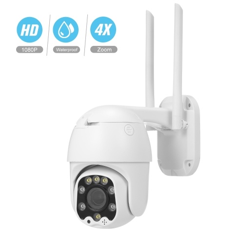 Câmera IP sem fio 1080p Câmera PTZ Speed Dome Câmera de 2.0MP Câmera de segurança WiFi externa PAN & Tilt 4X Zoom 2.8-12mm Lente Foco automático Visão noturna inteligente Áudio bidirecional Cartão TF Áudio TF Armazenamento em nuvem para segurança em vigilância doméstica