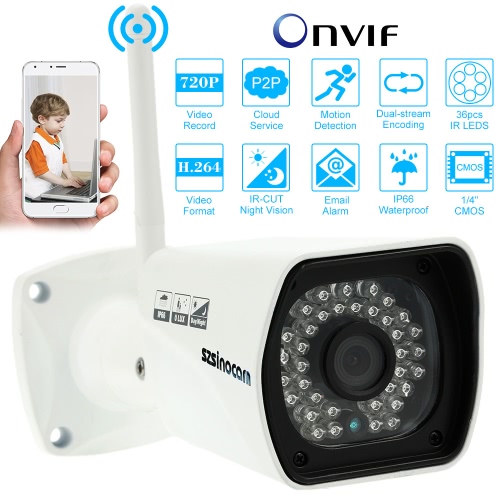 

szsinocam HD Megapixels 720P Wireless Wifi Camera CCTV Surveillance Security P2P Network IP Cloud Indoor Outdoor Bullet Camera support Onvif Weatherproof IR-CUT Night View Motion Detection Email Alarm Android/iOS APP Free CMS 36IR LEDs