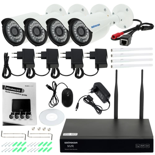 

szsinocam 4CH Channel WiFi NVR Network Video Recorder + 4pcs HD 960P Wireless WiFi Weatherproof Outdoor Bullet IP Camera support Plug and Play HD P2P Cloud IR Night Vision Android/iOS Phone/Pad APP Motion Detection Email Alarm for CCTV Security Surveillan