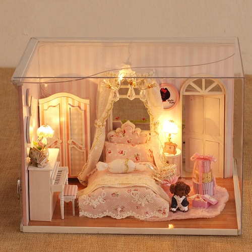

DIY House Miniature Kit Dollhouse Creative Room with Furniture LED Dustproof Cover for Romantic Kids Gift