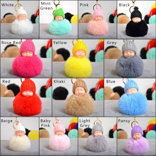 

Cute Small Sleeping Baby Doll Fake Fur Fluffy Ball Keychain Bag Key Rings Pendant Ornaments Gifts Color White