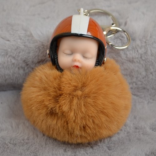 

Cute Sleeping Baby Doll Helmet Pompom Keychain Fake Fur Fluffy Ball Bag Key Rings Car Motorcycle Key Pendant Jewelry Accessories Gifts Color White