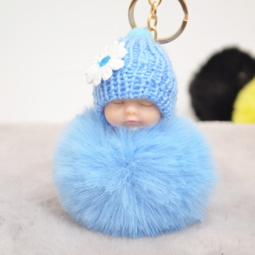 

Cute Small Flower Sleeping Baby Doll Fake Fur Fluffy Ball Keychain Bag Key Rings Car Key Pendant Cartoon Ornaments Gifts Color White