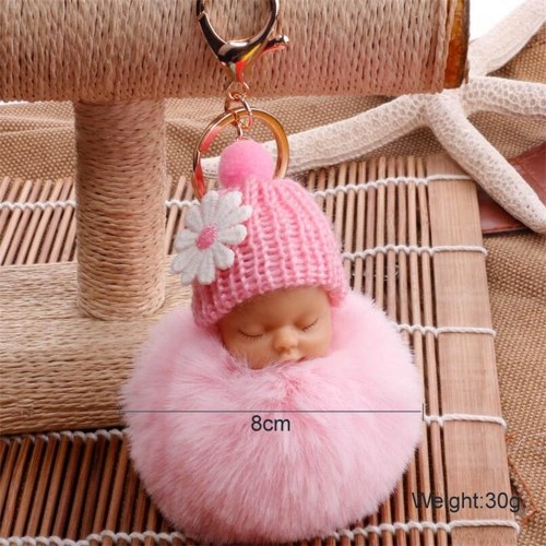

Cute Small Flower Sleeping Baby Doll Fake Fur Fluffy Ball Keychain Bag Key Rings Car Key Pendant Cartoon Ornaments Gifts Color White