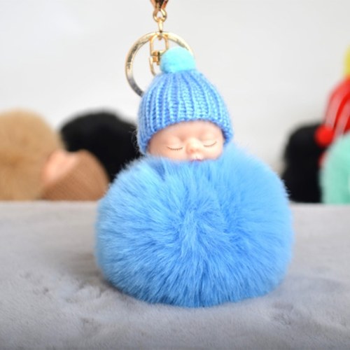 

Cute Small Sleeping Baby Doll Fake Fur Fluffy Ball Keychain Bag Key Rings Pendant Ornaments Gifts Color White