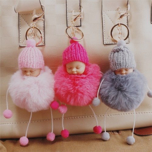 

Cute Little Sleeping Baby Foot Doll Fake Fur Fluffy Ball Keychain Автомобиль Брелок для женщин Ключевой держатель BagCharm Jewelry White