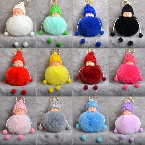 

Cute Little Sleeping Baby Foot Doll Fake Fur Fluffy Ball Keychain Car Keyring Women Key Holder BagCharm Jewelry Color White