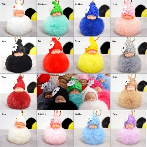 

Cute Small Flower Sleeping Baby Doll Fake Fur Fluffy Ball Keychain Bag Key Rings Car Key Pendant Cartoon Ornaments Gifts Color White