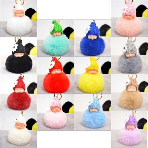 

Cute Small Flower Sleeping Baby Doll Fake Fur Fluffy Ball Keychain Bag Key Rings Car Key Pendant Cartoon Ornaments Gifts Color White